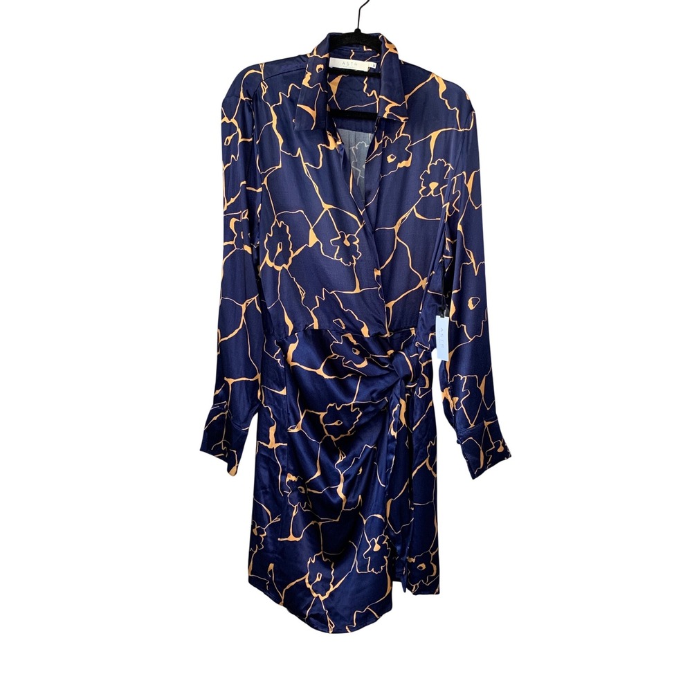 ASTR The Label Brielle‎ Women's L Long Sleeve Floral Mini Wrap Dress Navy Taupe
